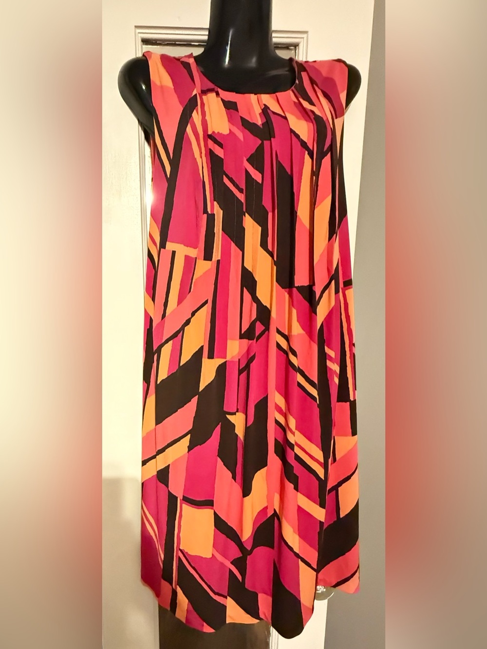 Calvin Klein Abstract Geometric Pleated Tank Shift Midi Dress Pink Orange 0X